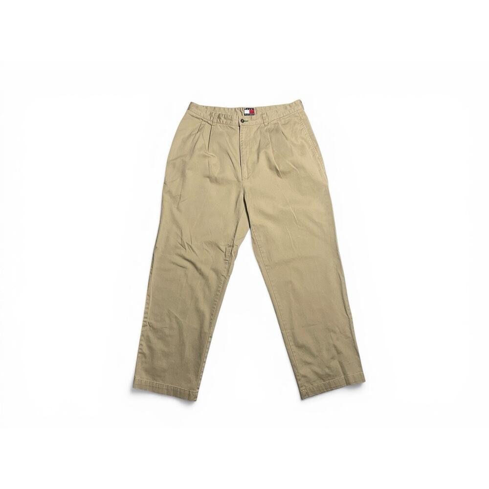 Vintage Tommy Hilfiger 38 x 30 Khaki 100% Cotton Twill Pleated Chinos